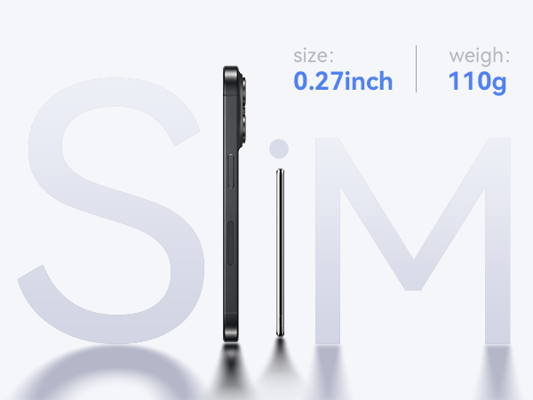 Side view of a slim smartphone, 0.27 inches thick and weighing 110g. A stylus is shown next to the device for size comparison.
