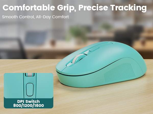 Ergonomic wireless mouse on desk, close-up shows DPI switch for 800/1200/1600 tracking.