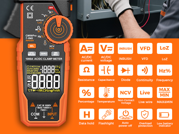 Amp Voltage Tester with VFD, LOZ, NCV, AC/DC Voltage Current, Continuity Capacitance Resistance