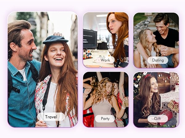 Collage of lifestyle photographs arranged in grid format, labeled with categories like 'Travel', 'Work', 'Dating', 'Party', and 'Gift'.