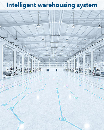 Large, modern warehouse interior with white walls and ceiling, featuring industrial lighting and blue floor markings indicating an intelligent warehousing system layout.