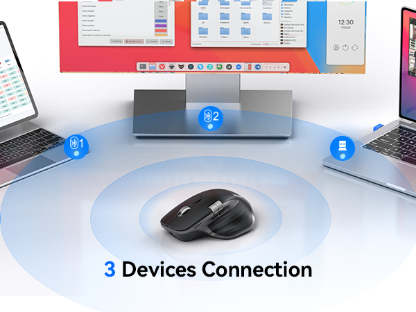 Text reads '3 Devices Connection'. Multiple laptop screens displaying interface elements with blue connection indicators.