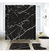 Onlalasyc 4 Pcs Black White Marble Bathroom Shower Curtain Sets, Non-Slip Bath mat, Toilet Lid Ma...
