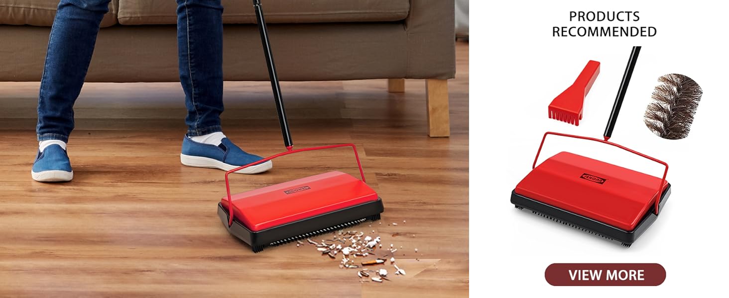 Manual sweeper being used on hardwood floor. Inset shows red sweeper with brush attachments. 'Products recommended' and 'View more' text visible.