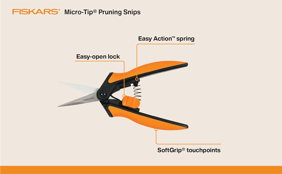 Micro-Tip Pruning Snips anatomy. Easy Action spring, Easy-open lock, and SoftGrip touchpoints