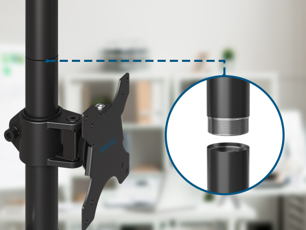 Black adjustable mounting bracket system with circular close-up detail showing connection mechanism on pole or stand.