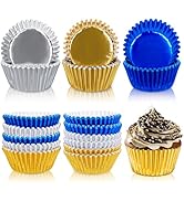 Whaline 150Pcs Graduation Foil Cupcake Liners Congrats Grad Baking Cups Blue Silver Gold Foil Met...