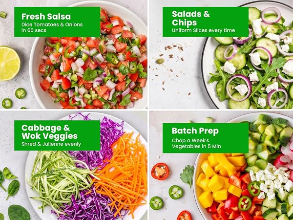 Fresh salsa, salads, shredded vegetables, and meal prep made with the Zelvico-S vegetable chopper.