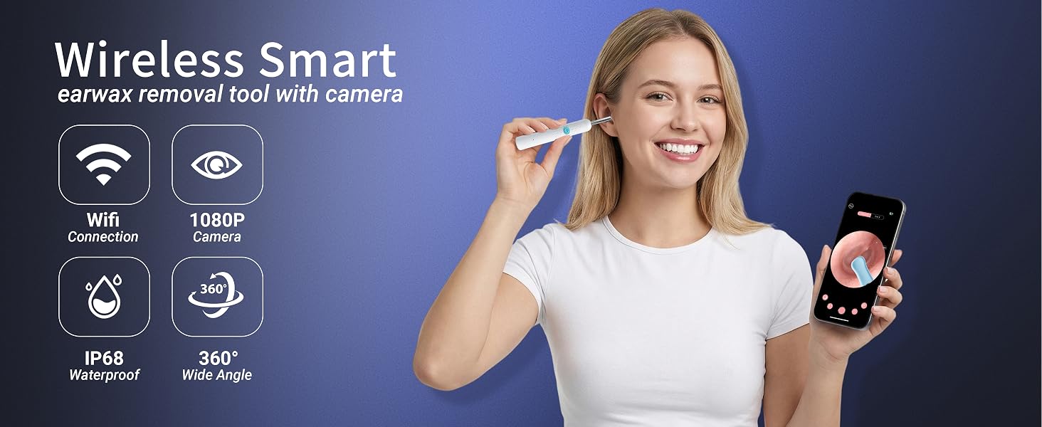Wireless smart earwax removal tool with 1080P camera, WiFi connection and IP68 waterproof.