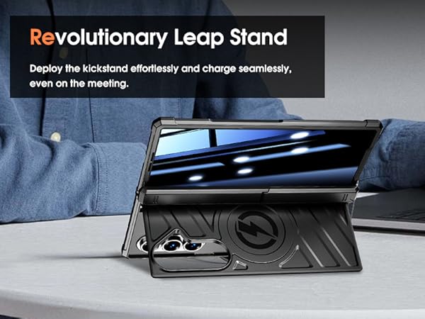Text reads 'Revolutionary Leap Stand'. Multiple views of a dark-colored adjustable stand or mount device shown from different angles on various surfaces.