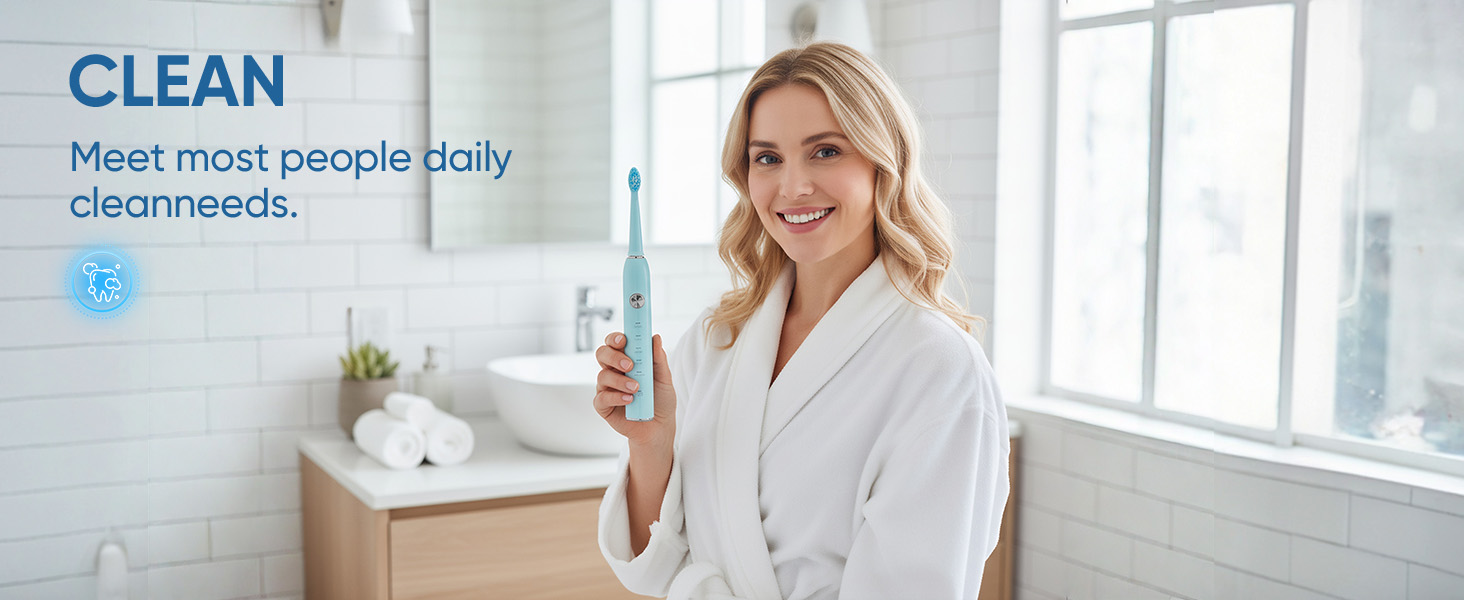 Text reads 'CLEAN' and 'Meet more people daily cleanneds.' Interior bathroom setting with white fixtures.