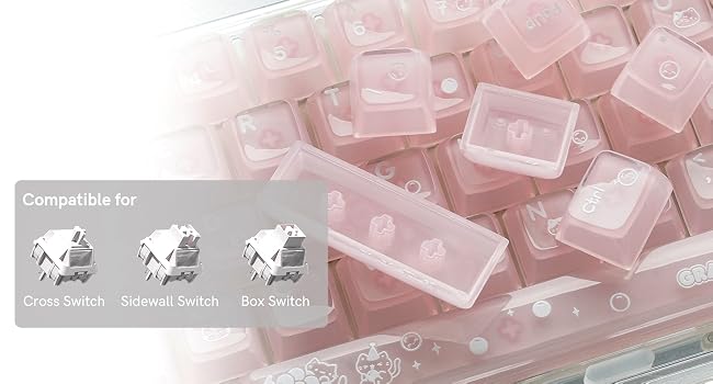 Clear Jelly Keycaps, Pink Cat Shine Through Keycaps Thick PC+ABS Crystal Translucent Keycaps