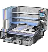 SUPEASY Desk Organizer with File Holder, 5-Tier Mesh Paper Letter Tray and 3 Tilted File Sorter f...