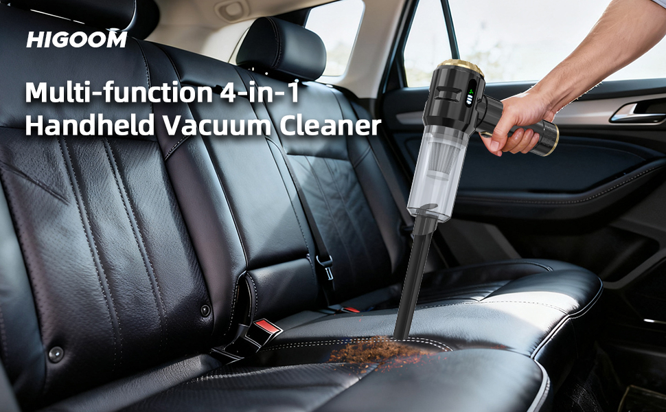 Text reads 'HIGOOM Multi-function 4-in-1 Handheld Vacuum Cleaner'. Image shows vacuum device being used to clean car seat interior.