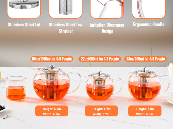 Glass Teapot Stovetop 22 OZ/650ml, Tea pot with Removable 18/8 Stainless Steel Infuser