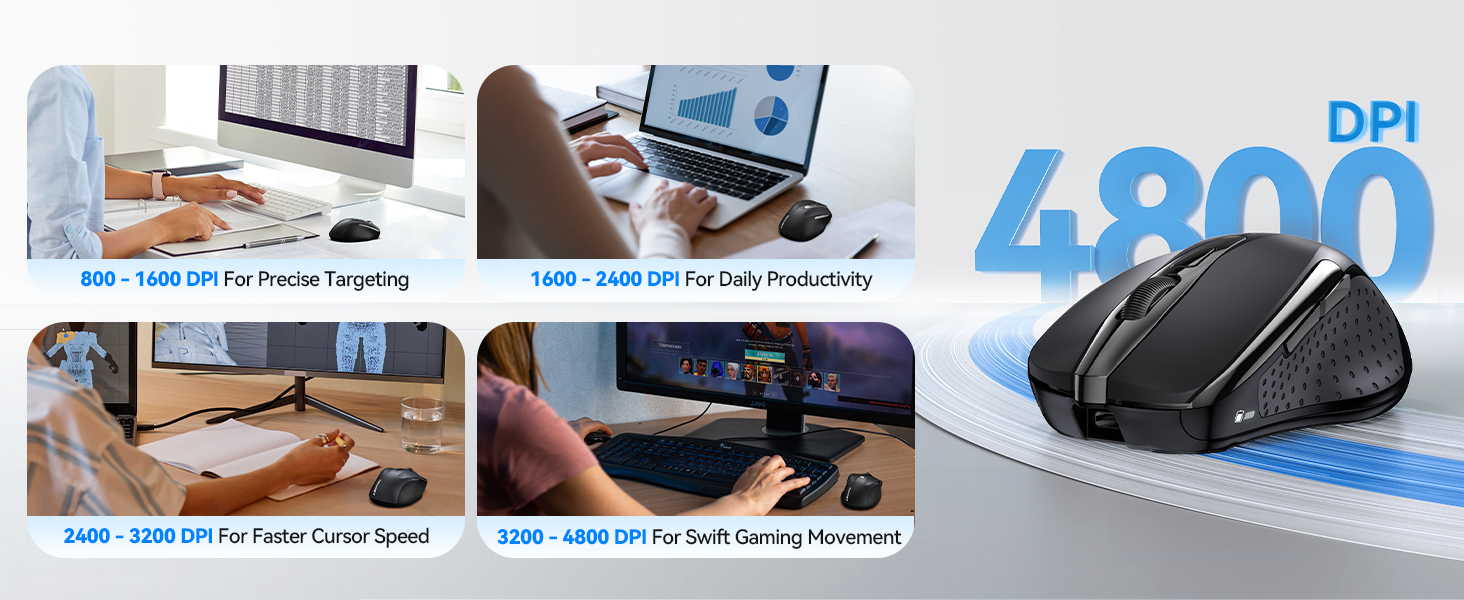 Computer gaming mouse promotional image showing four usage scenarios and featuring 4800 DPI specification text.