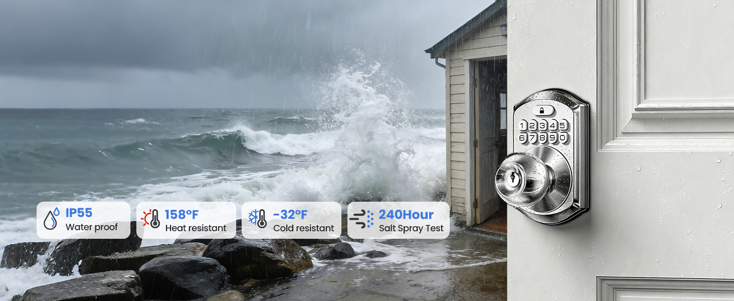IP55 waterproof, reliable operation from -32°F to 158°F, ensuring the lock works in any weather