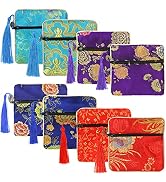 PINOWU 8pcs Silk Brocade Jewelry Bags with Zipper (11.5x11.5cm), Jewellery Silk Purse Pouch Gift ...