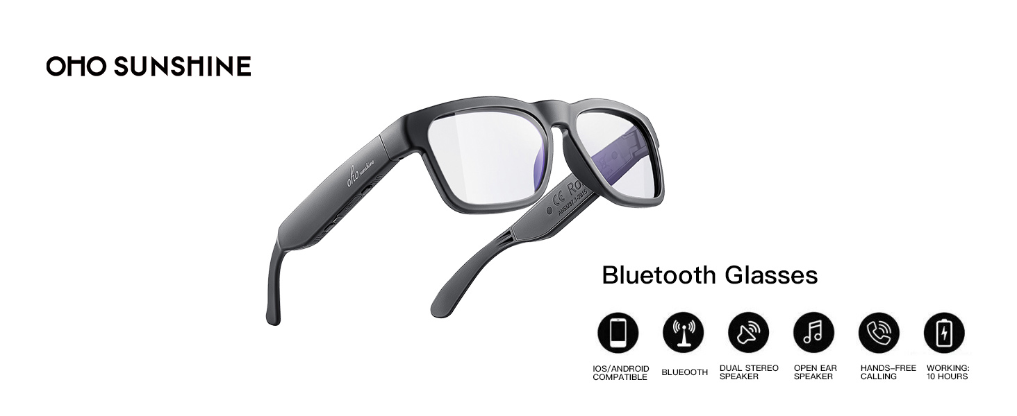 Black Bluetooth-enabled glasses with rectangular frames, displaying icons for various smart features including audio and connectivity functions.
