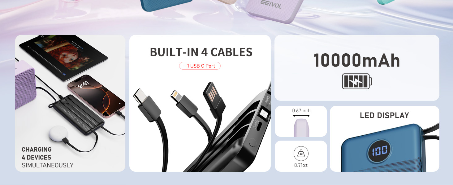 Digital Display, Ultra-Lightweight Portable Charger with Built in Cables