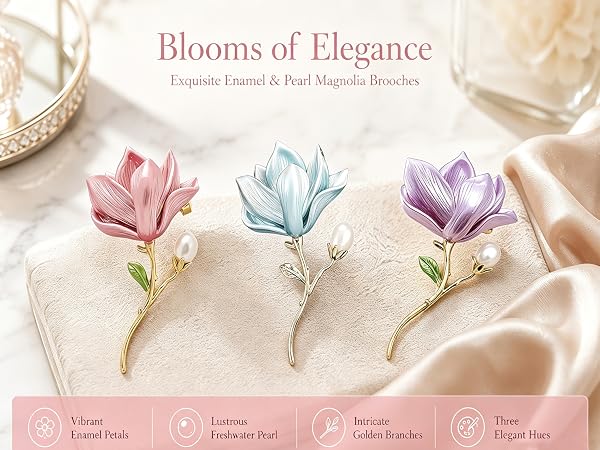 Enamel Magnolia Flower Brooch with Freshwater Pearl