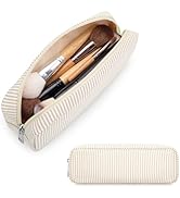 JINSI Travel Makeup Brush Bag for Women, Cute Padded Stripe Seersucker Cosmetic Organizer Pouch, ...