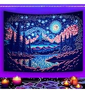Manicer Blacklight Starry Night Tapestry, Inspired Lake Mountain Moon Stars Wall Hanging, UV Reac...
