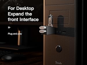 Text reads 'For Desktop Expand the front interface' and 'Plug and play'. Dark image showing desktop mounting interface or bracket.