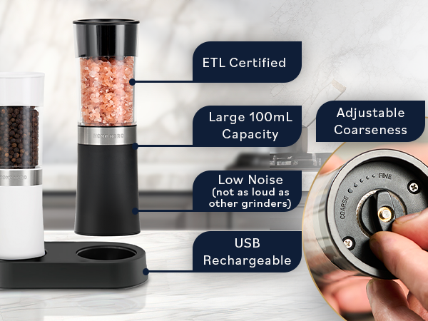 home hero battery operated salt and pepper grinder set features, ETL certification badge 