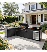 L-SHAPE All-in-One Outdoor Kitchen Island,7 Burner Modular Kitchen with Grill Station Cabinetry,3...