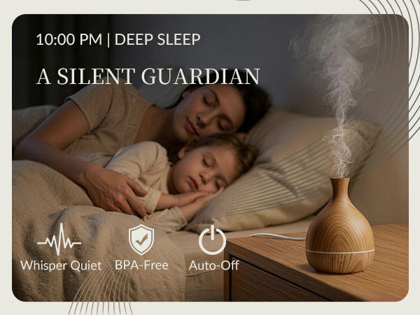 Quiet wood grain aromatherapy diffuser for bedroom with BPA-free and auto shut-off safety features.