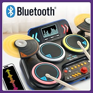 VTech KidiStar Drum Pad shown paired with a wireless Bluetooth phone.