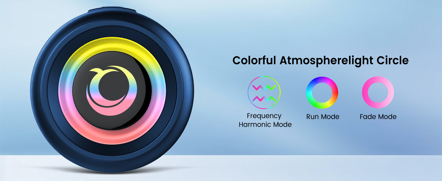 Text reads 'Colorful Atmospheric Night Circle' and 'WARM AIR BLOWER'. Product interface showing circular color controls and multiple views of an illuminated air blower device with blue ambient lighting.