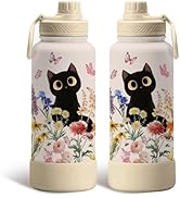 Gift for Cat Lovers - 34oz Black Cat Water Bottle for Girls, Cats Flower Tumbler with Lid, Leak-P...
