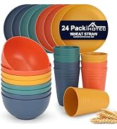 HOTEC 24-Pack Wheat Straw Plastic Dinnerware Set, Multicolor | BPA-Free Unbreakable Microwave &amp; D...
