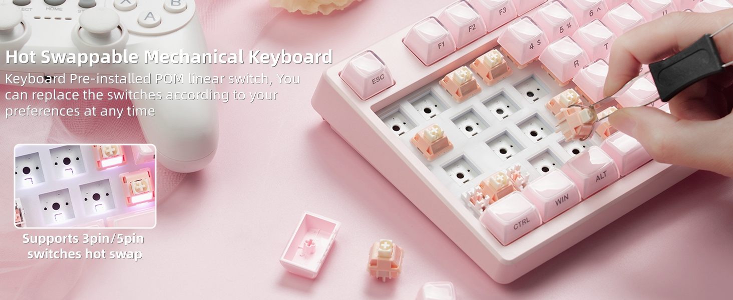 Pink Wireless Mechanical Keyboard 75% with Color Multimedia Screen Gaming Keyboard