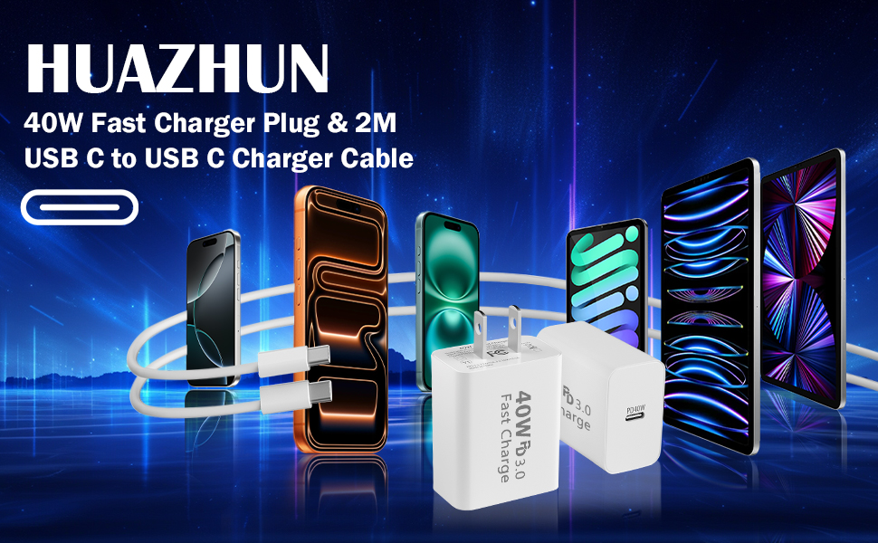HUAZHUN 40W Fast Charger Plug and 2M usb c to usb c charger cable