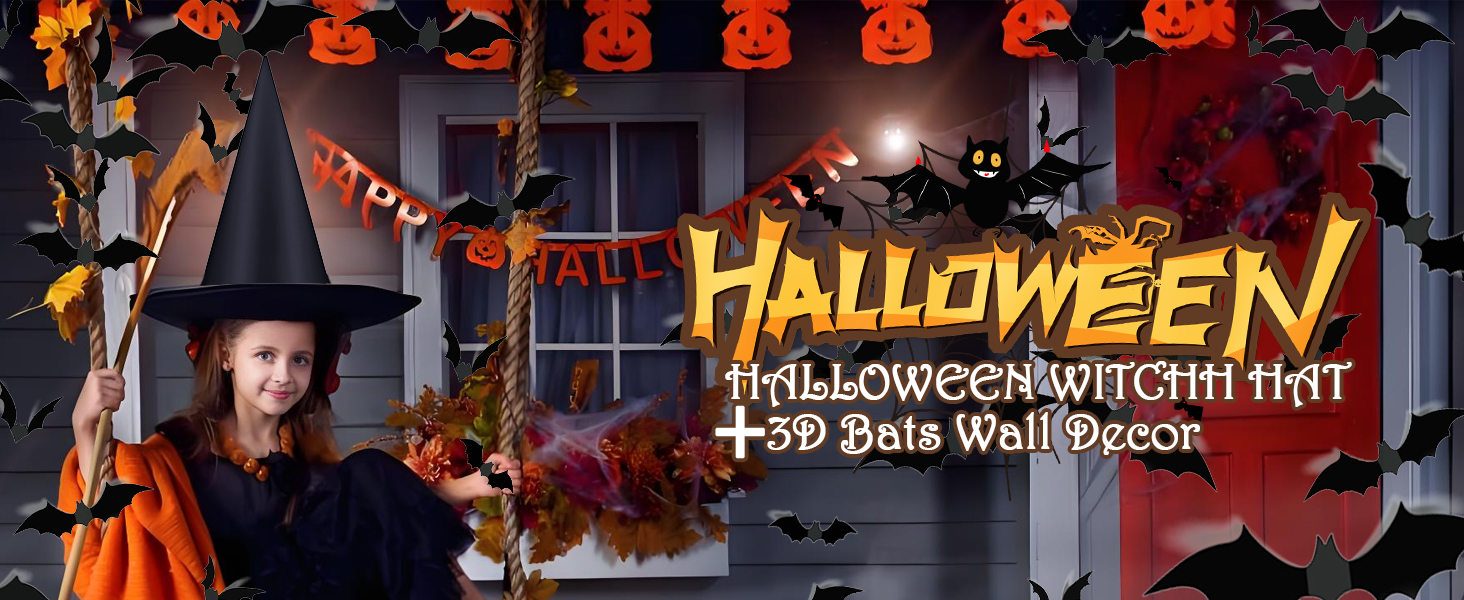 Halloween Black Witch Hat Bat Sticker