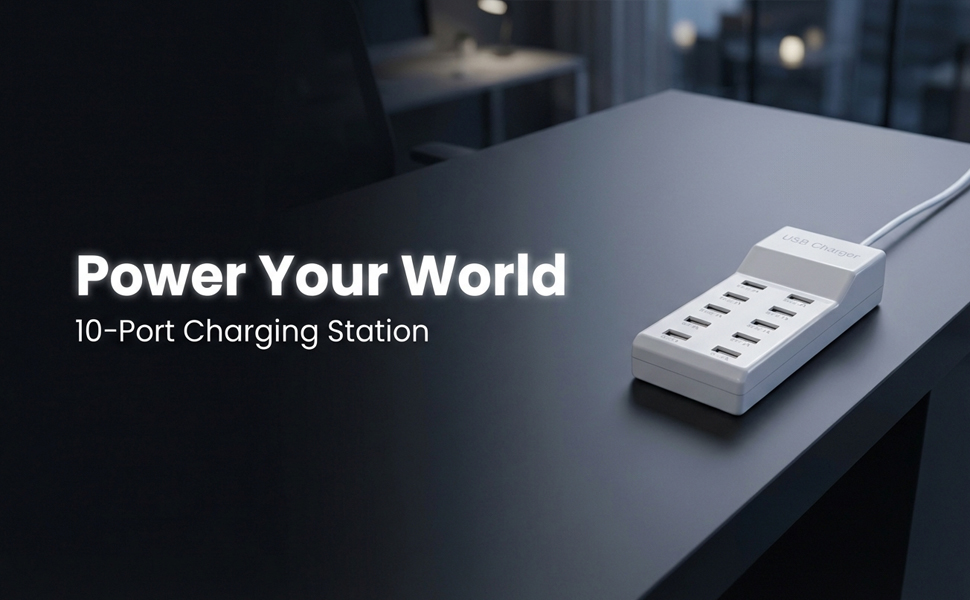 50W multi port charger station with 4.6ft extended AC power cord desktop charging hub organizer