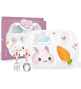 PHEENOWL Bunny Plate for Girls, Kid's Dinner Tray Divided Plates and Utensils for Kids, BPA-Free ...