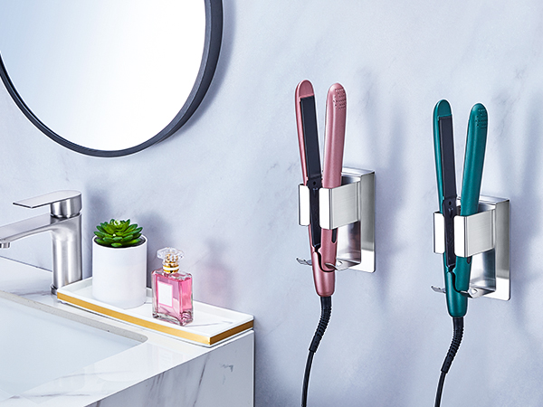 White bathroom wall-mounted storage solutions showing various organizational accessories and holders for personal care items.