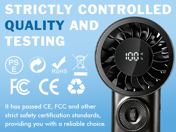 Text reads 'STRICTLY CONTROLLED QUALITY AND TESTING' with certification symbols including 'FC CE' and recycling icon. Digital fan device with control buttons displayed.