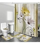 Onalasyc 4PCS Yellow Daisy Flowers Butterfly Shower Curtain Set with Shower Curtain and Carpet an...