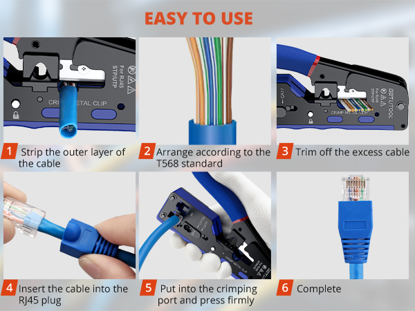 Text reads 'EASY TO USE' followed by 6 numbered steps showing RJ45 cable crimping process. Step-by-step instructional images demonstrating network cable assembly.