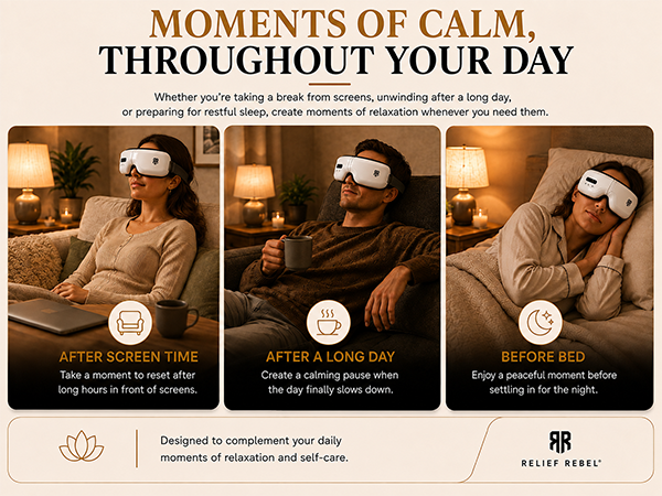 Relief Rebel eye massager for screen breaks, evening relaxation and bedtime comfort