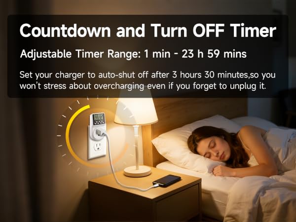 In a bedroom,a table lamp and charging smartphone use timer(auto-shut off after 3 hours 30 minutes)