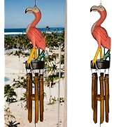 Pink Flamingo Windchime – Large Unique Rustic Tropical Outdoors - Bamboo &amp; Wood Hanging Garden Dé...