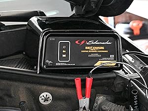 Car battery charger features a heavy-duty metal case for years of reliable use.