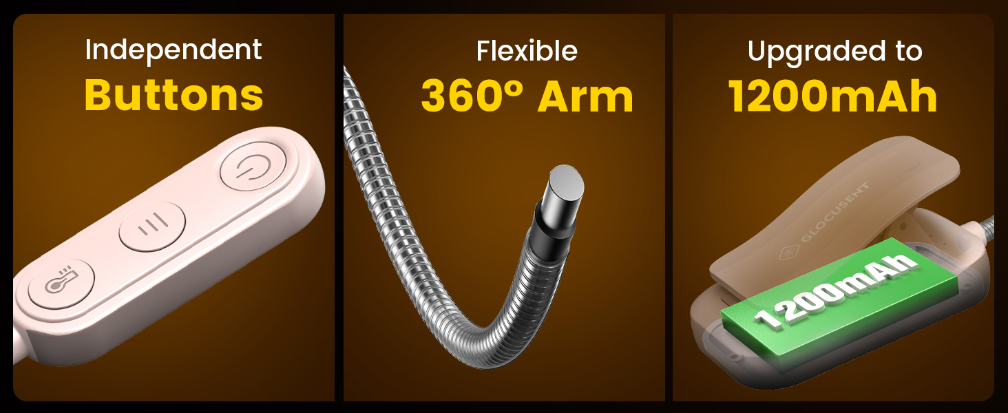 independent buttons, flexible 360° arm, 1200 mAh