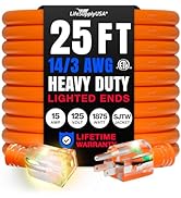 25ft Outdoor/Indoor Extension Cord 14/3 Gauge Heavy Duty 3 Prong SJTW, Waterproof, ETL Listed, Fl...